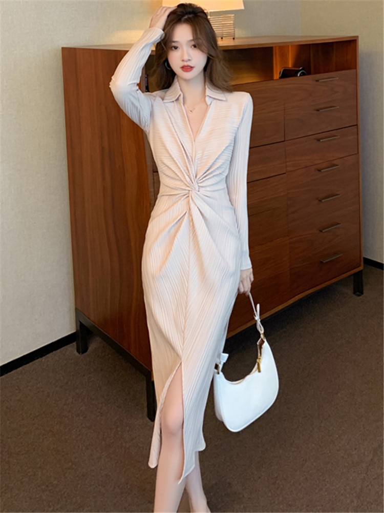 우아한 슬림 바디콘 파티 드레스, 긴팔 V넥, 섹시한 한국 버전 프릴 프론트 슬릿 드레스, 2023 패션, 가을 겨울, 신상